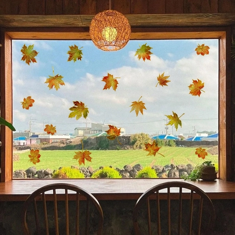 Autocollants Muraux Feuilles Erable Dorure Automne Thanksgiving Stickers Fenêtre PVC Imperméable Double Face Décoration