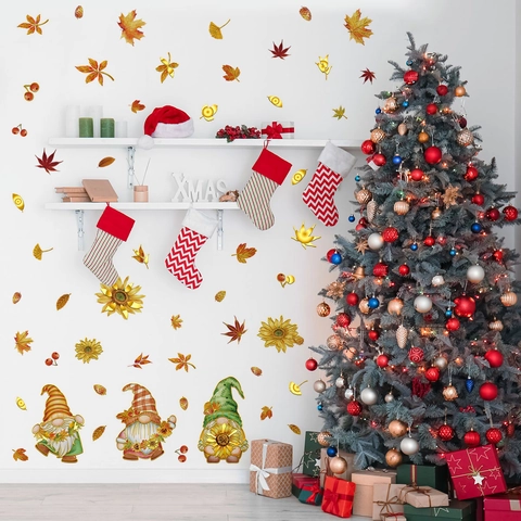 Autumn Gnomes Sunflower Wall Stickers Gold Foil PVC Fall Maple Leaf Decals Decorative Aesthetic Home Room Decoration