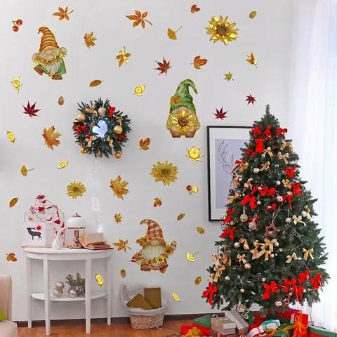 Autumn Gnomes Sunflower Wall Stickers Gold Foil PVC Fall Maple Leaf Decals Decorative Aesthetic Home Room Decoration