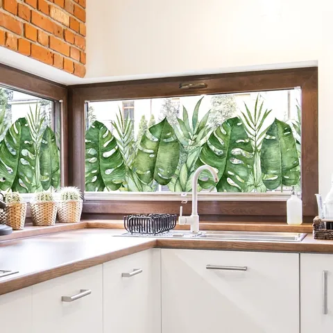 Tropische Grüne Blätter Fensteraufkleber Statisch Haftend PVC Doppelseitig Wasserdicht Monstera Palmblatt Aquarell Wohndeko