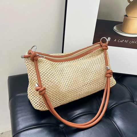 Stroh Gewebte Umhängetasche PU Leder Kontrast Patchwork Knoten Riemen Sommer Strand Urlaub Crossbody Tasche Damen