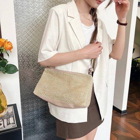 Stroh Gewebte Umhängetasche PU Leder Kontrast Patchwork Knoten Riemen Sommer Strand Urlaub Crossbody Tasche Damen