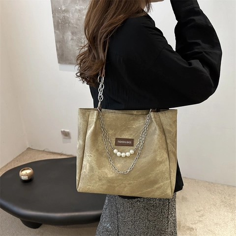 Bolso de Mano de PU para Mujer Gran Capacidad Con Decoración de Cadena de Perla Artificial Textura Lavada Vintage Bolso de Hombro