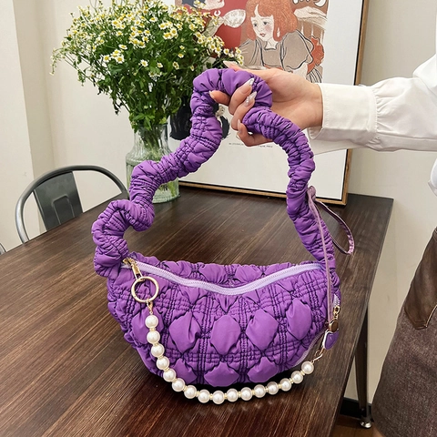 Borsa Nuvola Trapuntata Donna Borsa A Tracolla Mezzaluna Imbottita Con Catena Di Künstliche Perle Tracolla Pieghettata Versatile Elegante Moda