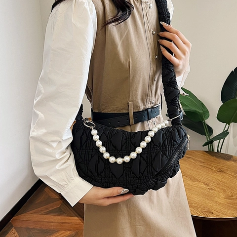 Borsa Nuvola Trapuntata Donna Borsa A Tracolla Mezzaluna Imbottita Con Catena Di Künstliche Perle Tracolla Pieghettata Versatile Elegante Moda