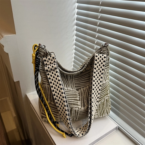 Women Casual Geometric Striped Canvas Shoulder Bag Urban Woven Bucket Bag Large Capacity Tote With Wide Strap Crossbody Bag