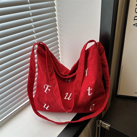 Vintage Cord Tragetasche Für Damen Große Kapazität Buchstabenstickerei Schultertasche Magnetverschluss Casual Schule Handtasche
