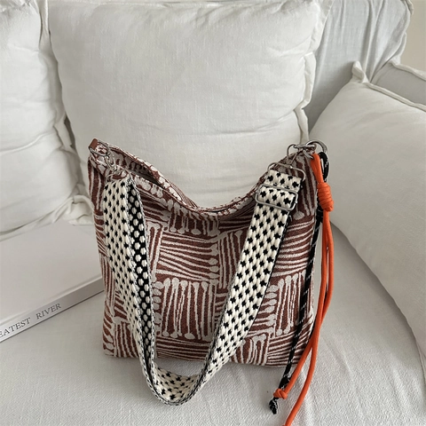 Woven Geometric Print Crossbody Bag With Wide Patterned Strap Large Capacity Commuter Shoulder Tote For Women