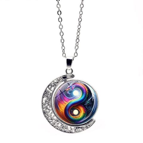Dragon Yin Yang Tai Chi Necklace Rotating Moon Pendant Zinc Alloy Glass Retro Fantasy Style Jewelry For Men And Women