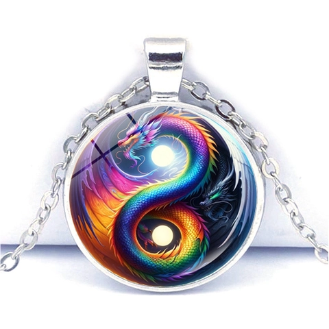 Fantasie Drache Yin Yang Tai Chi Anhänger Halskette Zinklegierung Glas Cabochon Ethnisch Schmuck Für Herren Damen