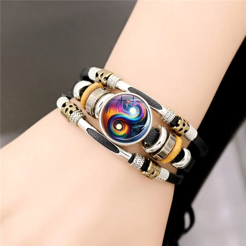 Vintage Punk Meerlaagse Kunstlederen Armband Voor Heren Draak Yin Yang Patroon Glazen Kraal Legering Houten Kraal Sieraden