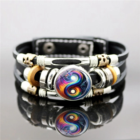 Vintage Punk Meerlaagse Kunstlederen Armband Voor Heren Draak Yin Yang Patroon Glazen Kraal Legering Houten Kraal Sieraden