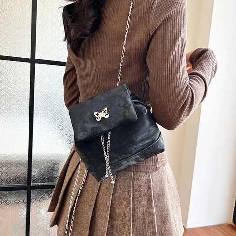 Moda Donna Fiocco Farfalla in Pelle PU Mini Zaino Catena Borsa a Tracolla Trendy Tinta Unita Donna Piccola Borsa a Spalla
