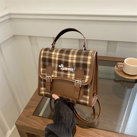 Borsa A Tracolla Vintage A Quadri Donna PU Pelle Tessuto Mini Zaino Ricamo Bassotto Stile Scolastico INS Borsa A Mano