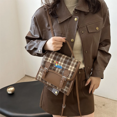 Borsa A Tracolla Vintage A Quadri Donna PU Pelle Tessuto Mini Zaino Ricamo Bassotto Stile Scolastico INS Borsa A Mano
