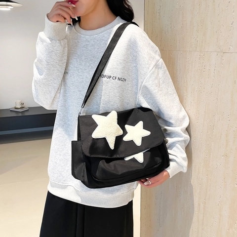 Damen Umhängetasche Mit Sternenaufnäher Große Kapazität Leinwand Messenger Bag Preppy Style Für Studenten