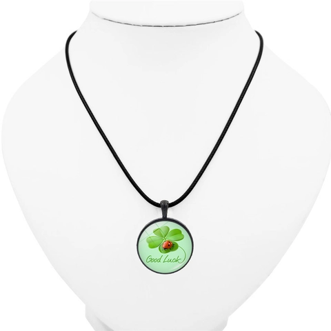 Lucky Four Leaf Clover Pendant Necklace Glass Cabochon With Leather Cord Good Luck Jewelry For Women Men St. Patrick's Day Gift