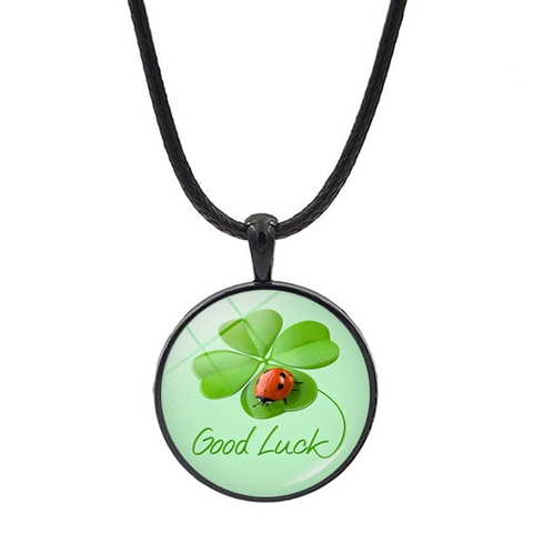 Lucky Four Leaf Clover Pendant Necklace Glass Cabochon With Leather Cord Good Luck Jewelry For Women Men St. Patrick's Day Gift