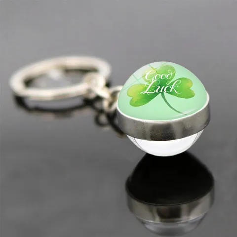 Porte Clés Boule De Verre Double Face Alliage De Zinc Trèfle À Quatre Feuilles Porte Bonheur Cadeau