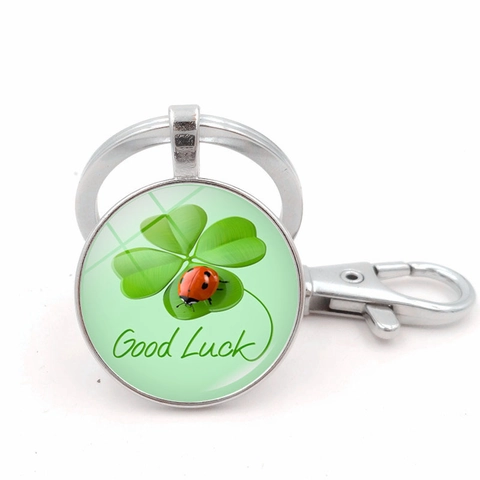 Zinc Alloy Glass Dome Four Leaf Clover Keychain Lucky Ladybug Horseshoe Pendant Good Luck Gift Key Ring For St Patricks Day