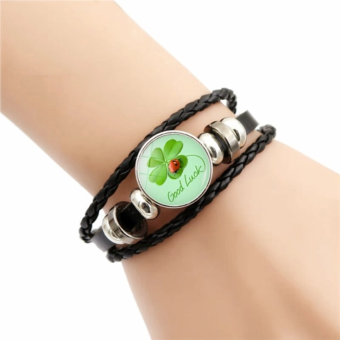 Bracciale In Pelle Intrecciata Multistrato Lega Cabochon In Vetro Quadrifoglio Buona Fortuna Retro Unisex Regolabile