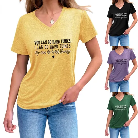 T-Shirt Da Donna Con Scollo A V In Misto Cotone E Poliestere Stampa Slogan Ispiratore Casual A Maniche Corte Con Nodo