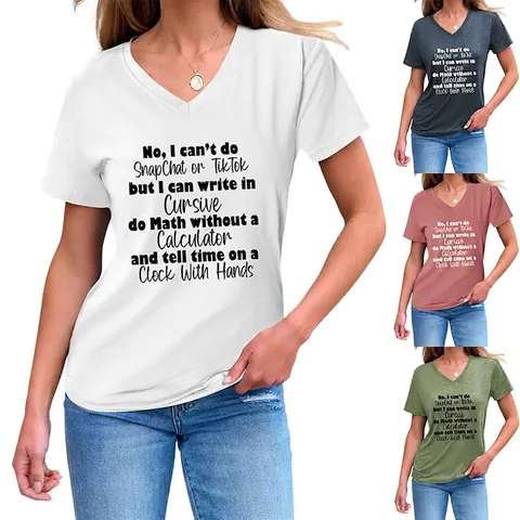 Damen Casual V-Ausschnitt Kurzarm Baumwollmischung T-Shirt Mit Humorvollem Slogan-Druck Locker Sitzendes Sommeroberteil