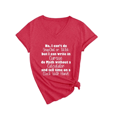 Damen Casual V-Ausschnitt Kurzarm Baumwollmischung T-Shirt Mit Humorvollem Slogan-Druck Locker Sitzendes Sommeroberteil