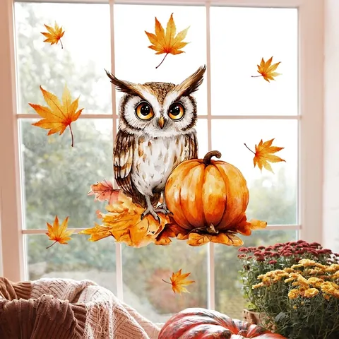 Autumn Owl Pumpkin Maple Leaves Window Stickers Double Sided Static Clings Thanksgiving Harvest Glass Decor