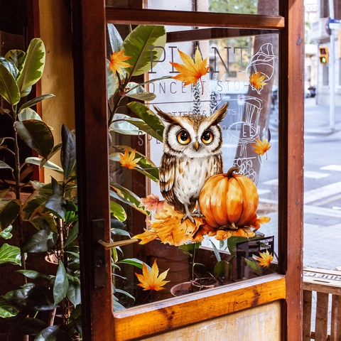 Autumn Owl Pumpkin Maple Leaves Window Stickers Double Sided Static Clings Thanksgiving Harvest Glass Decor
