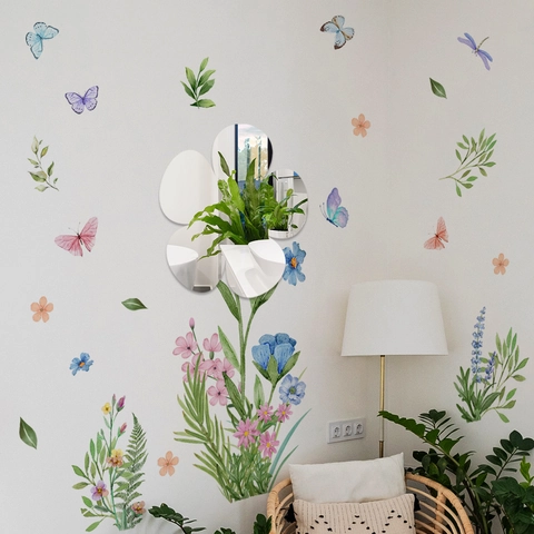 Stickers Muraux Fleurs Papillons Aquarelle Autocollants Miroir Acrylique Imperméable Décoration Maison Moderne