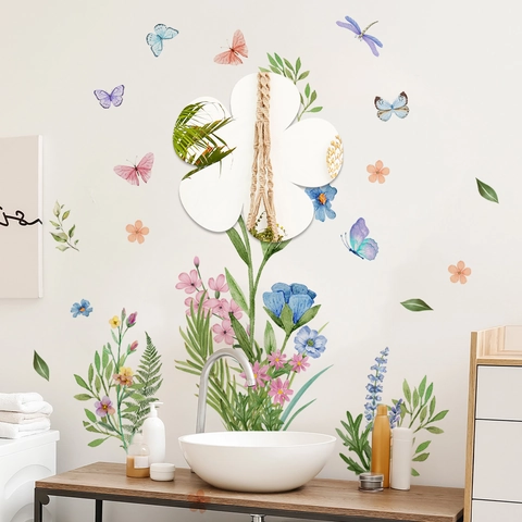 Stickers Muraux Fleurs Papillons Aquarelle Autocollants Miroir Acrylique Imperméable Décoration Maison Moderne