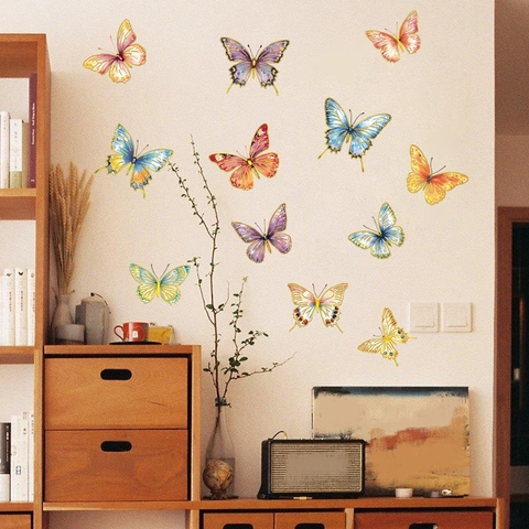 Mehrfarbige Schmetterling Wandaufkleber Wasserdicht PVC Decals Mit Goldprägung Für Wohnzimmer Schlafzimmer Home Dekor