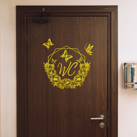 Golden WC Sign Sticker Butterfly Flower Metallic Mirror Self Adhesive Door Sticker For Bathroom Toilet Home Wall Decor