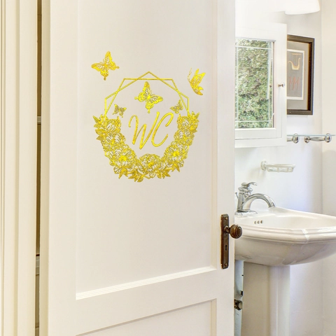 Golden WC Sign Sticker Butterfly Flower Metallic Mirror Self Adhesive Door Sticker For Bathroom Toilet Home Wall Decor