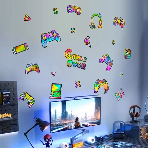 Adesivi Murali Olografici Laser Controller Di Gioco Decalcomanie Arcobaleno Per Sala Giochi Camera Da Letto Arredamento PVC Rimovibile