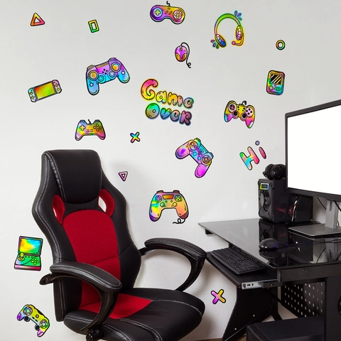 Adesivi Murali Olografici Laser Controller Di Gioco Decalcomanie Arcobaleno Per Sala Giochi Camera Da Letto Arredamento PVC Rimovibile