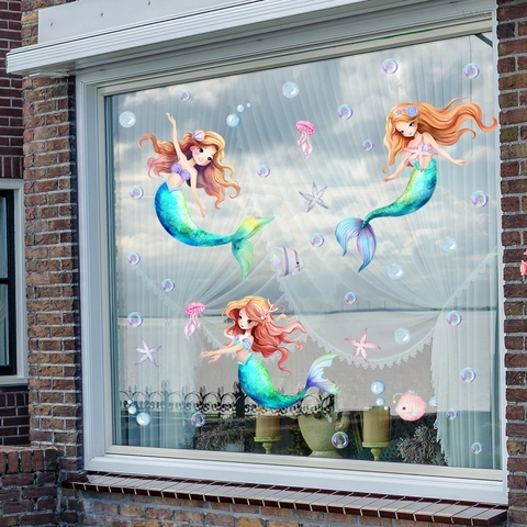Mermaid Window Sticker Static Cling PVC Waterproof Double Sided Glass Decal Bathroom Nursery Decor Cartoon Sea World