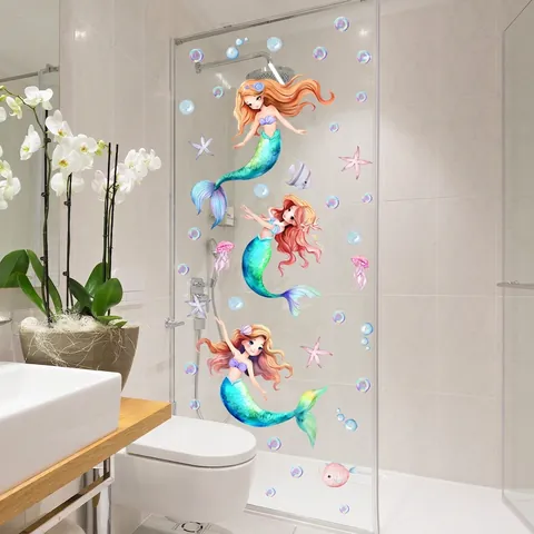 Mermaid Window Sticker Static Cling PVC Waterproof Double Sided Glass Decal Bathroom Nursery Decor Cartoon Sea World