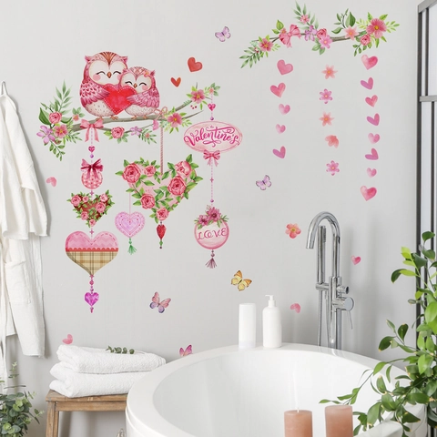 Valentinstag Wandtattoo PVC Abnehmbar Selbstklebend Herz Eule Rose Blume Handbemalt Home Decor Schlafzimmer Kinderzimmer