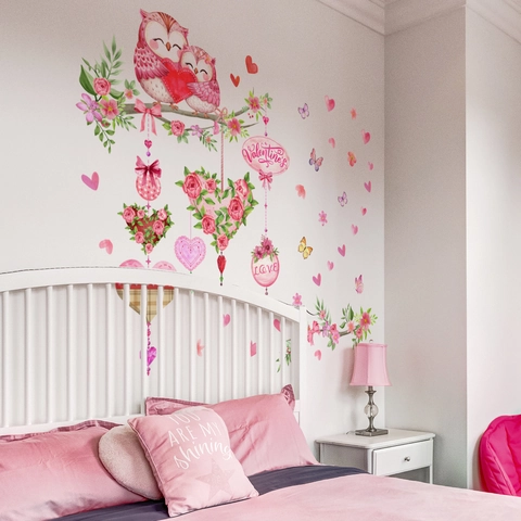 Valentinstag Wandtattoo PVC Abnehmbar Selbstklebend Herz Eule Rose Blume Handbemalt Home Decor Schlafzimmer Kinderzimmer