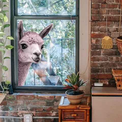 Roze Alpaca Venstersticker Statische Hechting PVC Dubbelzijdig Zichtbaar Glurend Dier Muursticker Waterdicht Verwijderbaar
