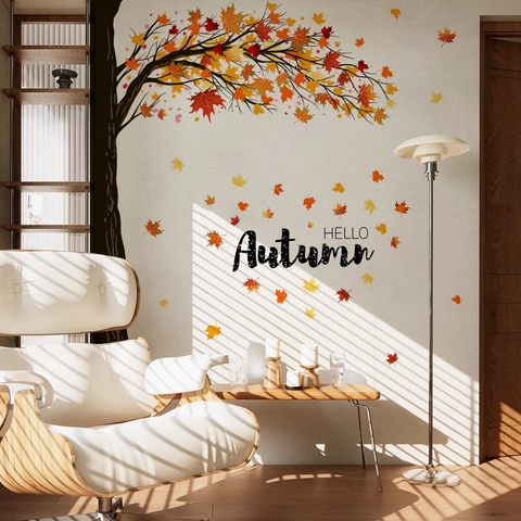 Adesivo da Parete Albero di Acero Autunnale HELLO Autumn Decalcomanie in PVC Rimovibili per Soggiorno Camera da Letto Cameretta Bambini Decorazione Casa