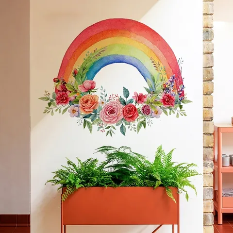 Adesivo da Parete Arcobaleno Fiori Foglia Acquerello PVC Autoadesivo Decorazione Cameretta Letto Dipinto a Mano