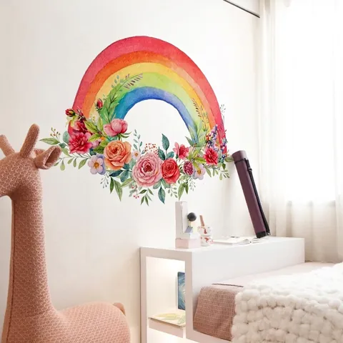 Adesivo da Parete Arcobaleno Fiori Foglia Acquerello PVC Autoadesivo Decorazione Cameretta Letto Dipinto a Mano