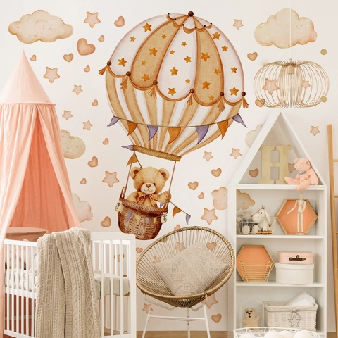 Muurstickers Luchtballon Teddybeer PVC Zelfklevend Verwijderbaar Aquarel Kinderkamer Slaapkamer Speelkamer Decoratie