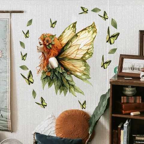 Autocollant Mural Fée De La Forêt Imperméable PVC Auto-Adhésif Papillon Vert Feuilles Style Aquarelle Décor Enfant