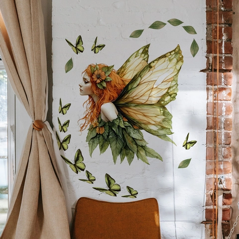 Autocollant Mural Fée De La Forêt Imperméable PVC Auto-Adhésif Papillon Vert Feuilles Style Aquarelle Décor Enfant