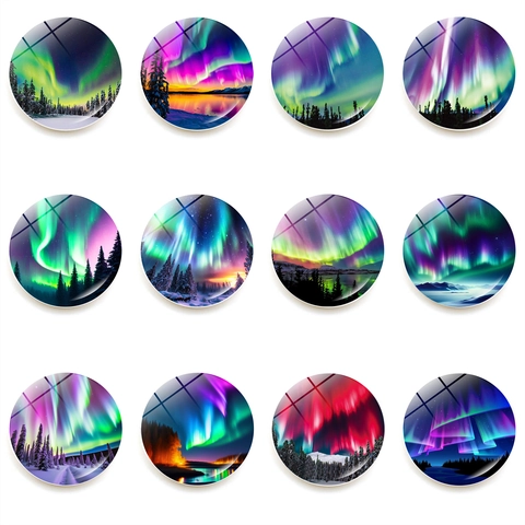 Imanes De Nevera De Aurora Boreal Vidrio De Cristal Redondo Paisaje Magnético Decorativo Pegatinas De Pizarra Blanca