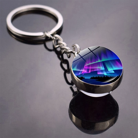 Aesthetic Aurora Northern Lights Double Sided Glass Ball Pendant Metal Keychain Zinc Alloy Key Ring For Women Men Jewelry Gift